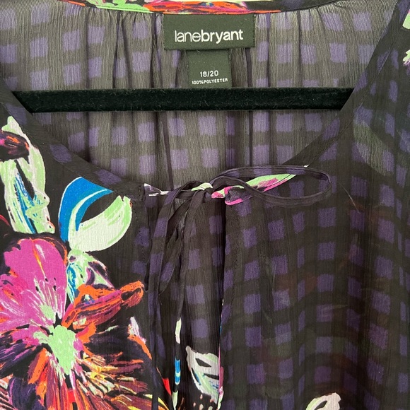 Lane Bryant Size 18-20W Sheer Colorful Floral Wrap Blouse Shirt Black V Neck Tie - Picture 4 of 5